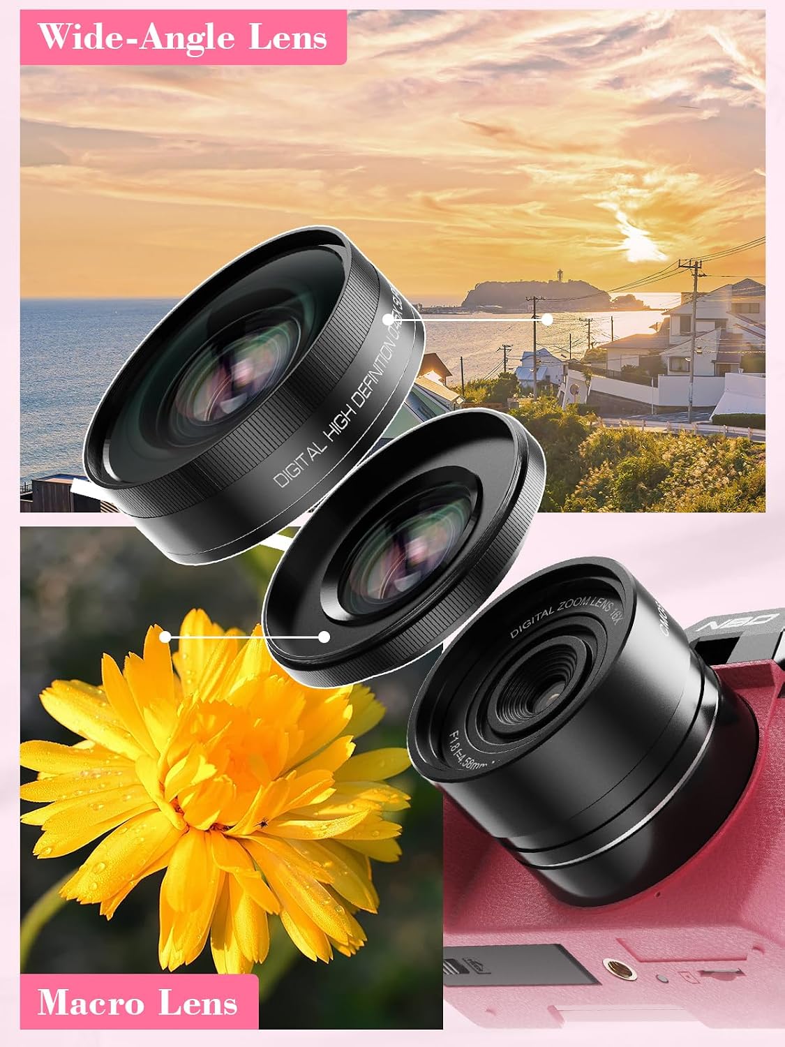 Cámara digital True 5K 64MP para fotografía (rosa intenso) | Enfoqu...