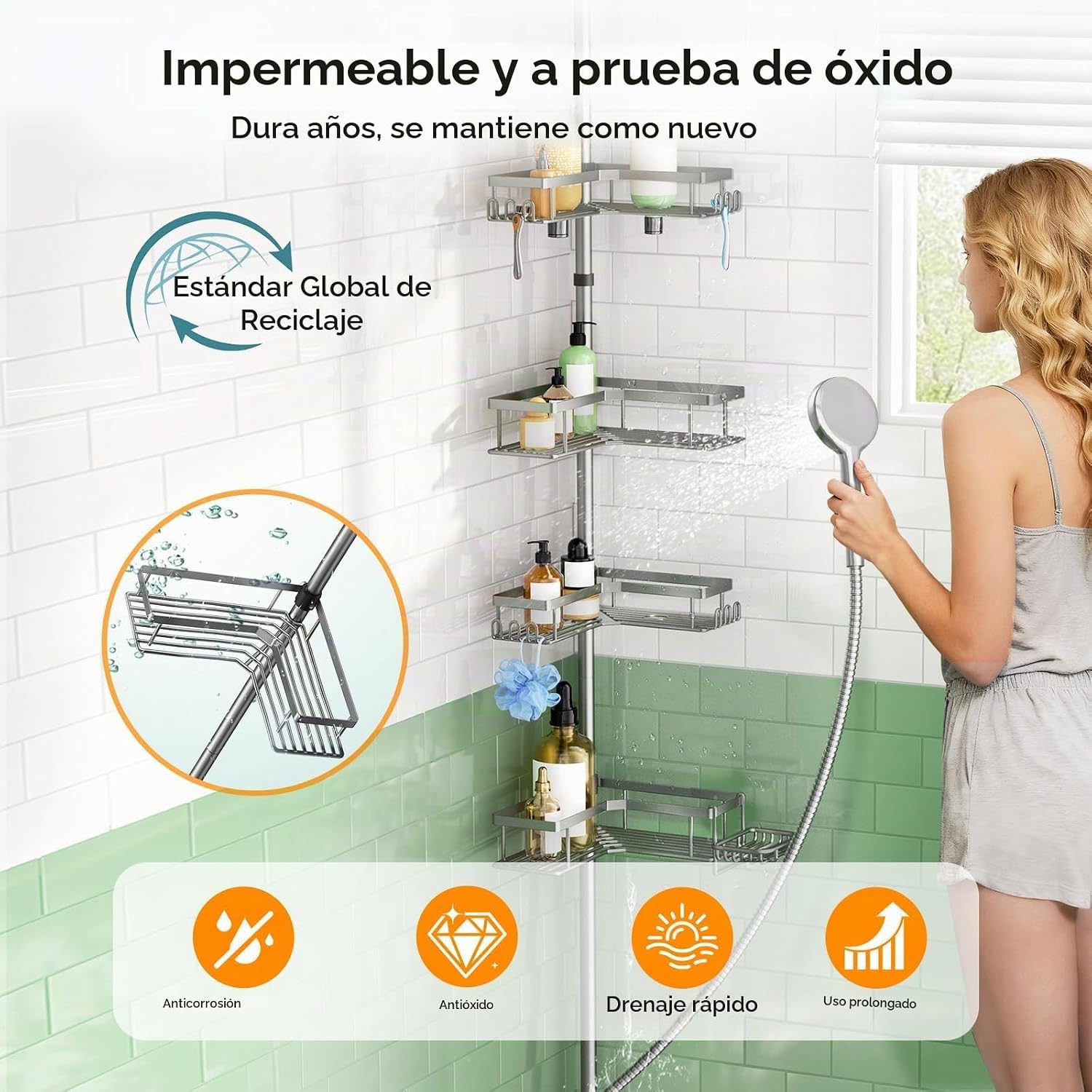 HAMITOR Poste de tensión para regadera: organizador de baño a prueb...