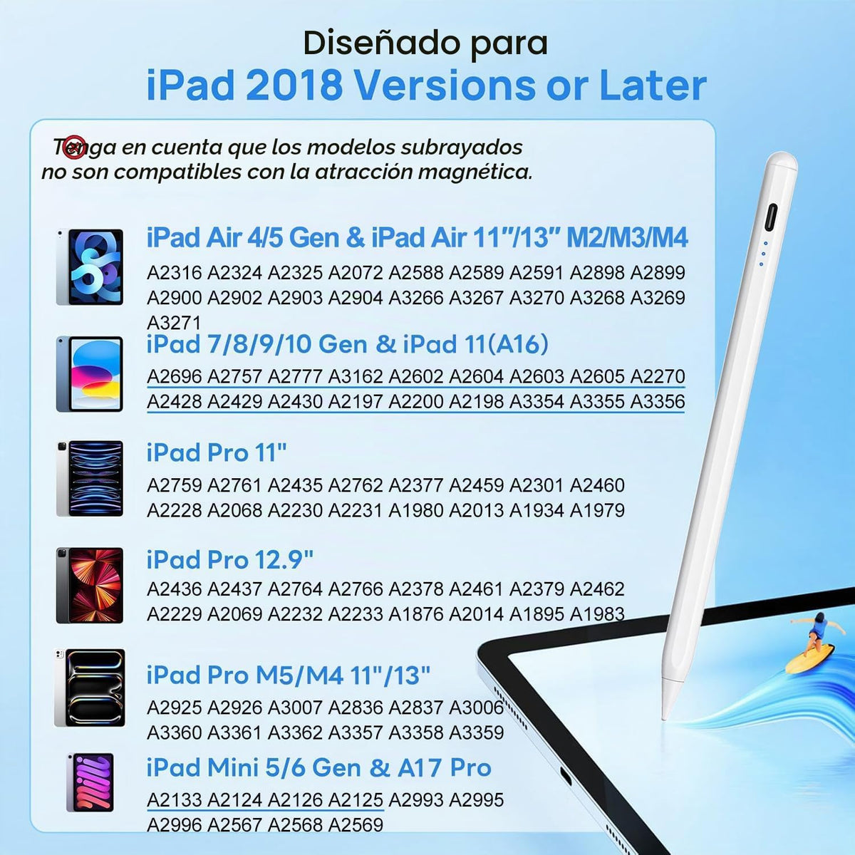 Lápiz óptico para Apple iPad A16\/11th 2026-2018 iPad Pencil A16\/1...