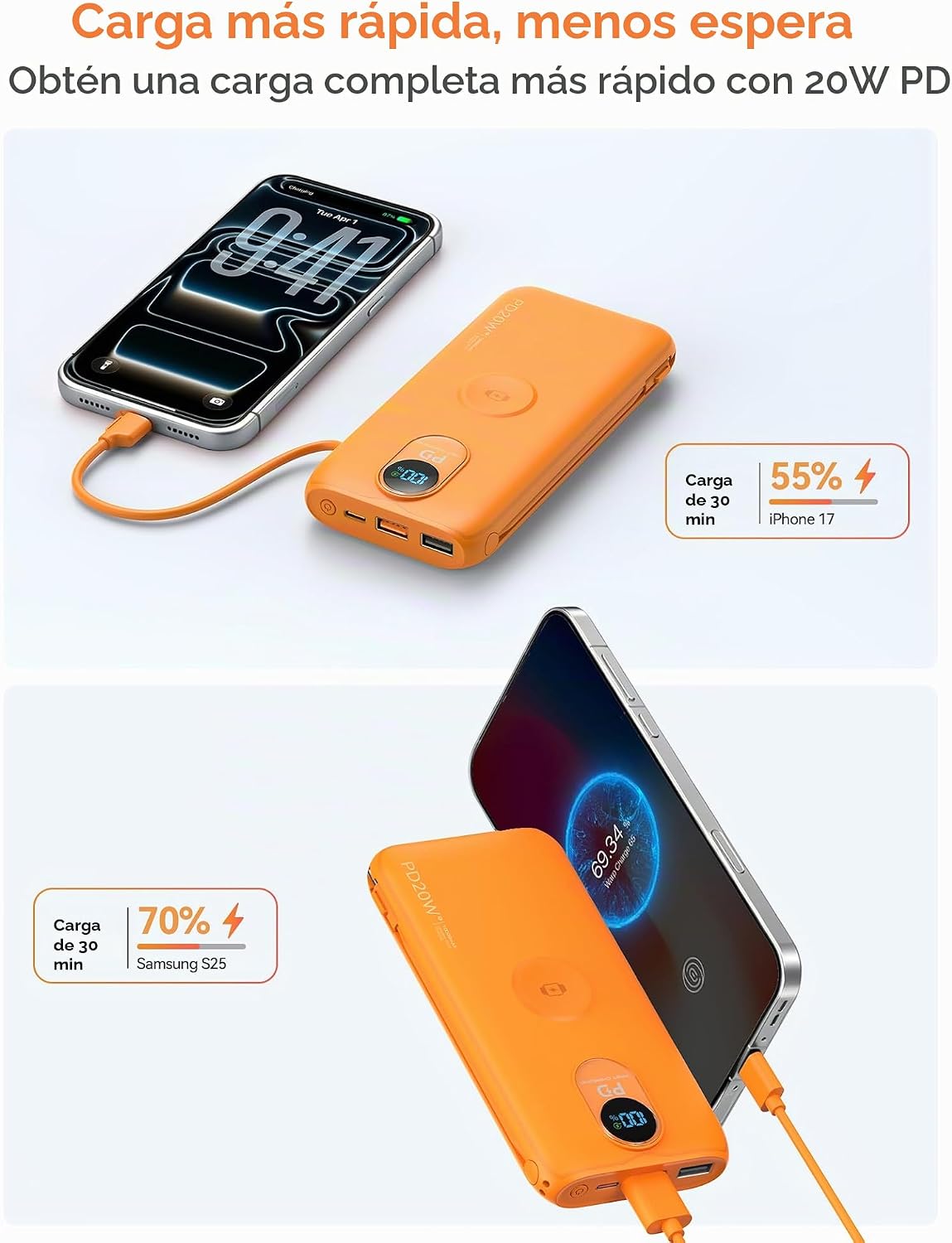 Cargador portátil Power Bank 10000mAh PD20W con cables incorporados...