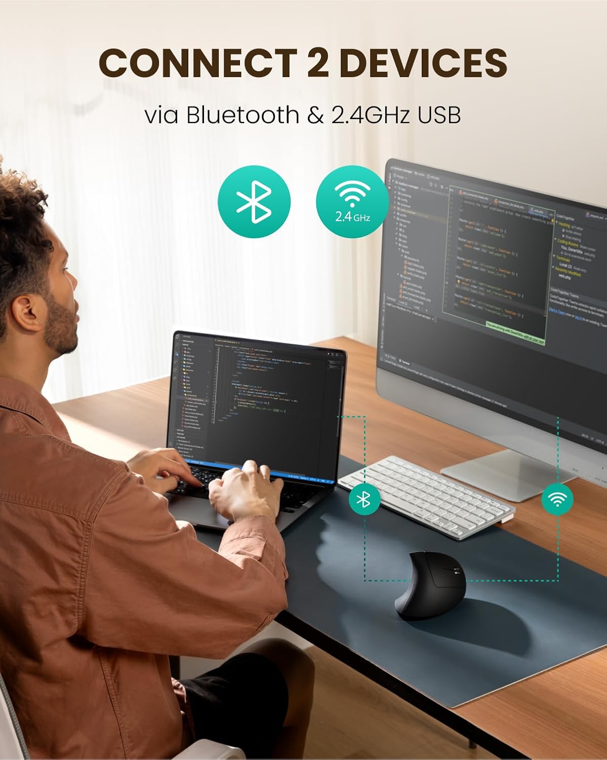 POJTK Ratón ergonómico inalámbrico recargable, conexión Bluetooth+U...
