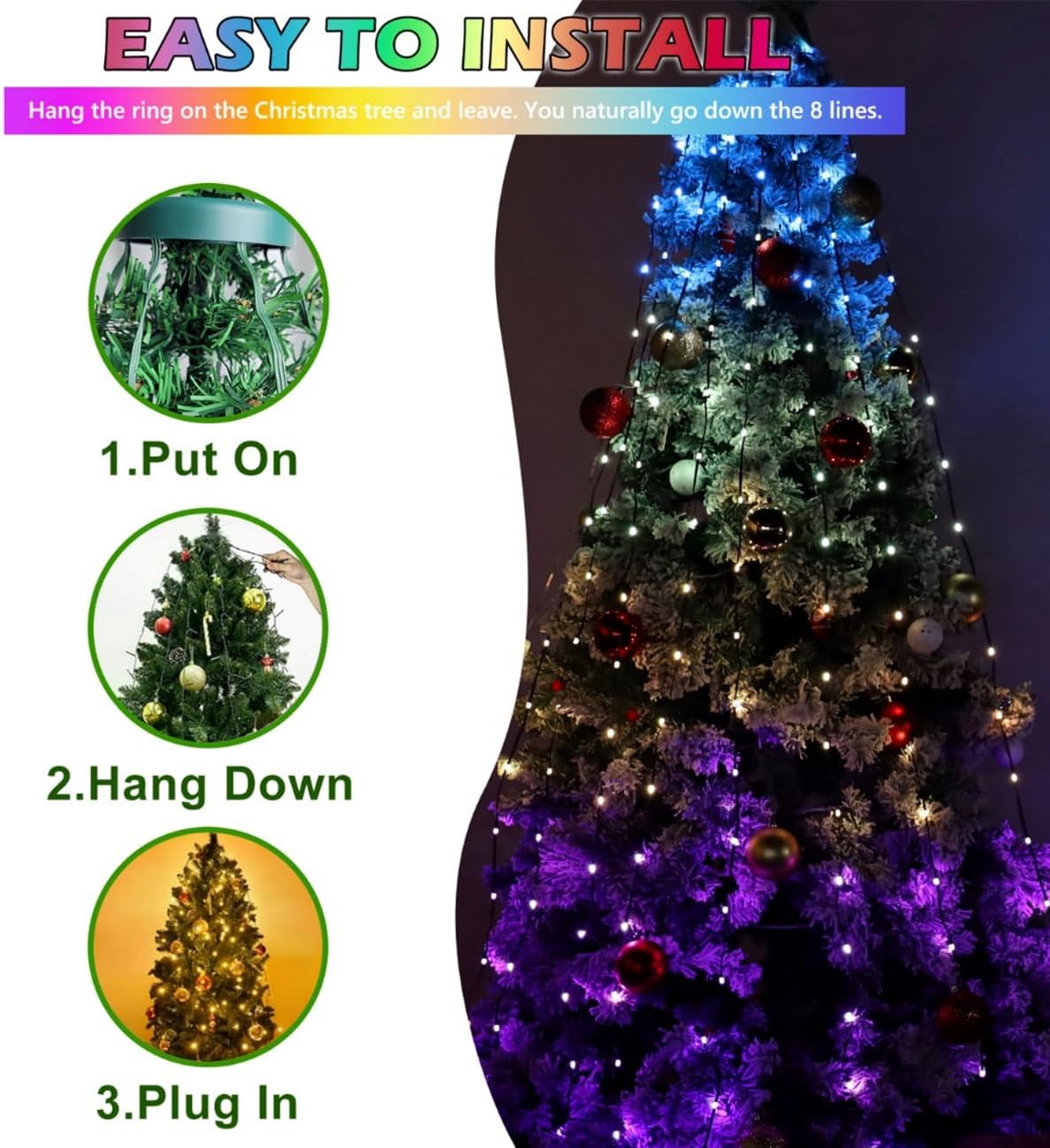KANCOKIT Guirnalda de luces para árbol de Navidad, 200 LED, 6.6 pie...