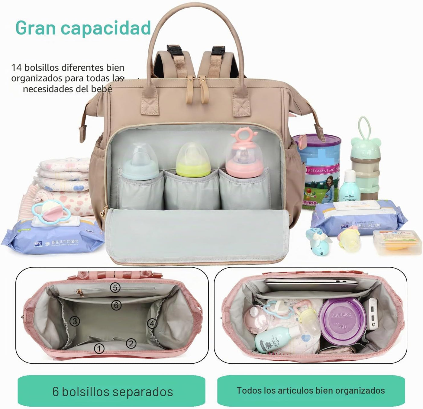 LORADI Bolsa de pañales grande Tote (Beige-1, L-20L) | 14 bolsillos...
