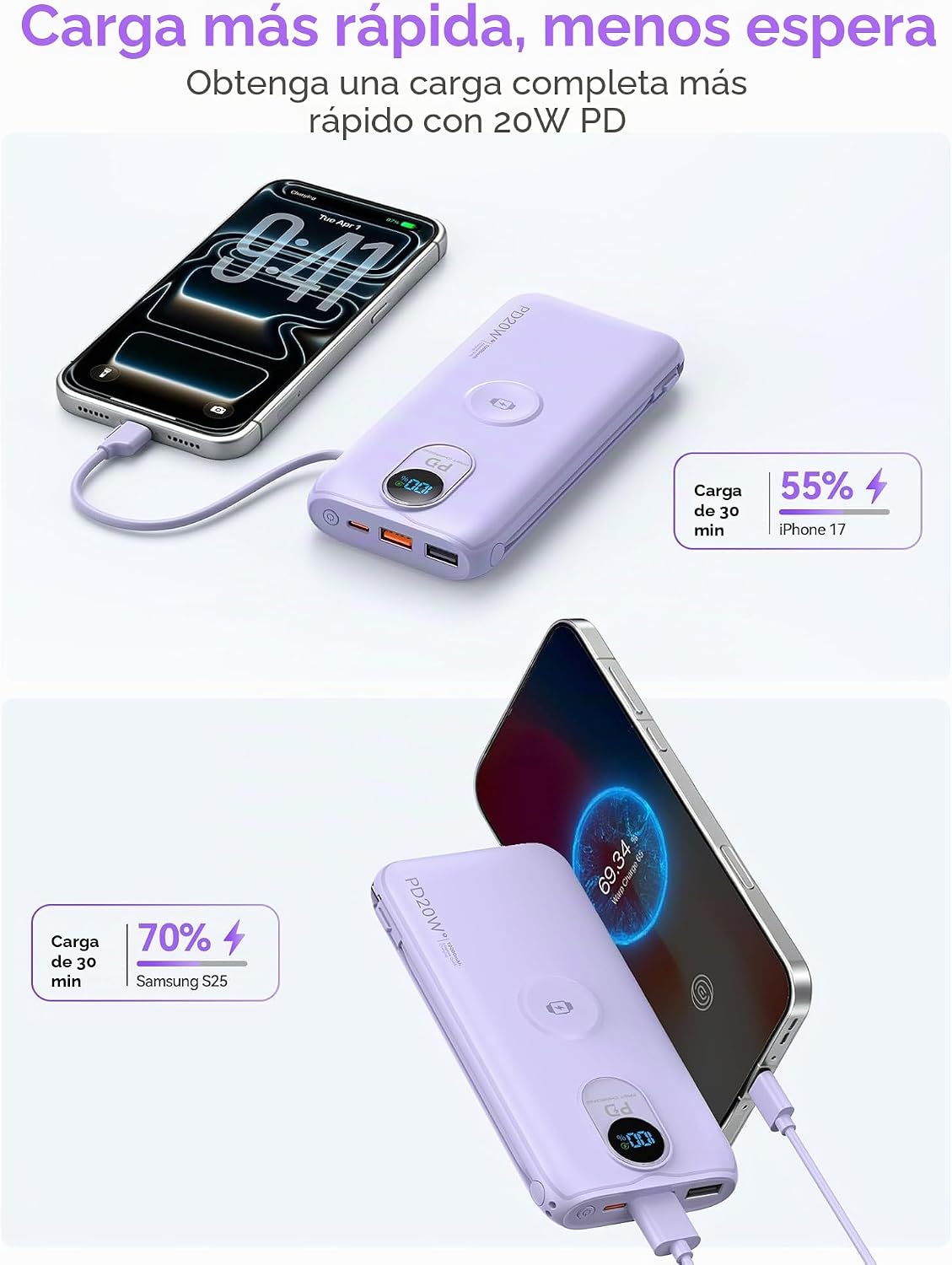 Cargador portátil Power Bank 10000mAh PD20W con cables incorporados...