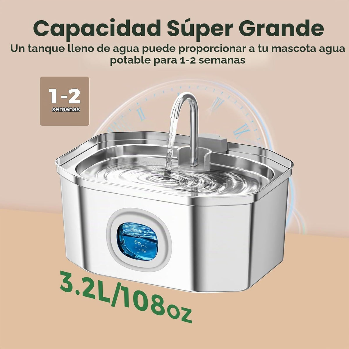 Fuente de agua para gatos de acero inoxidable de 108 oz\/3.2 L, APA...