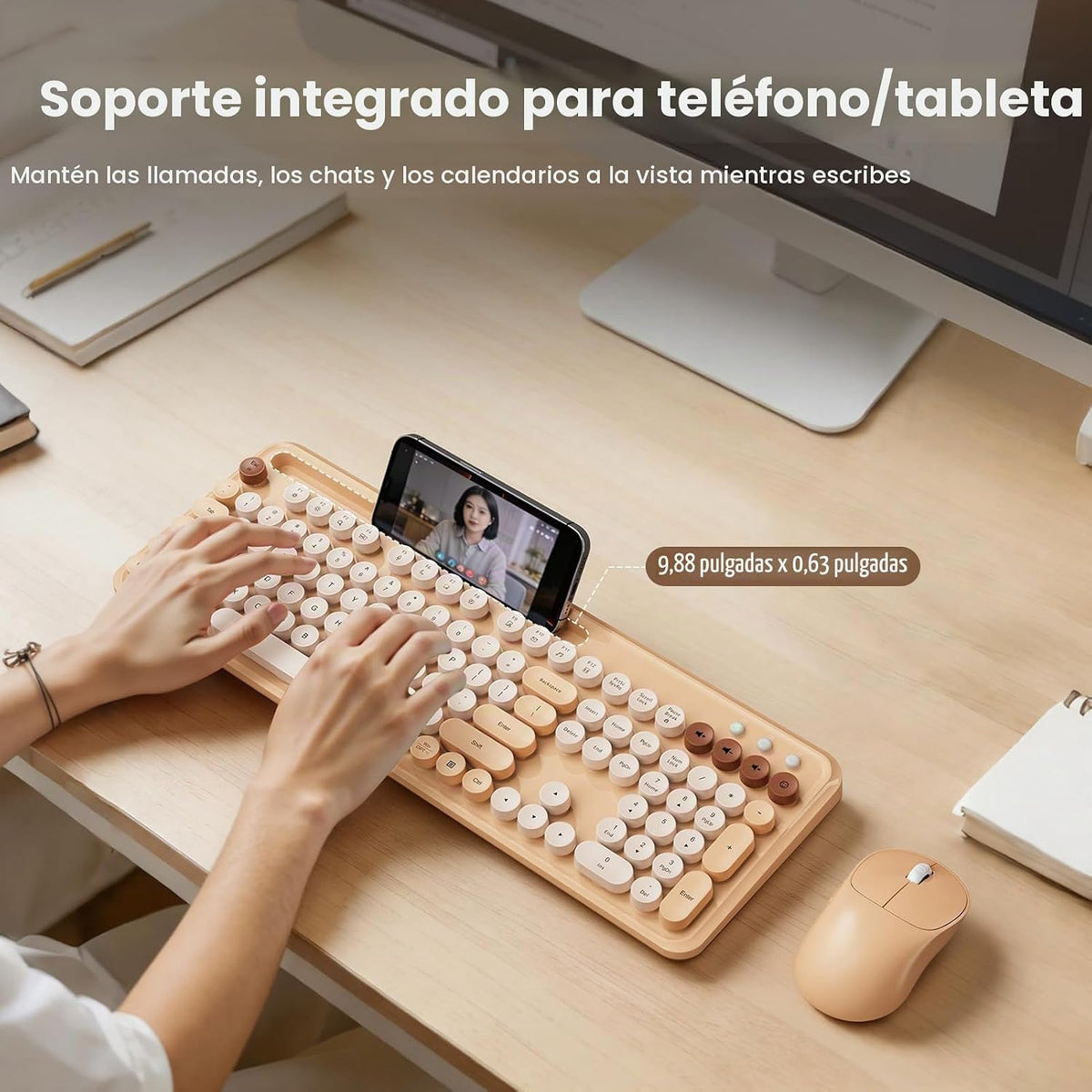 Combo de teclado y mouse inalámbricos, teclas redondas retro, tecla...