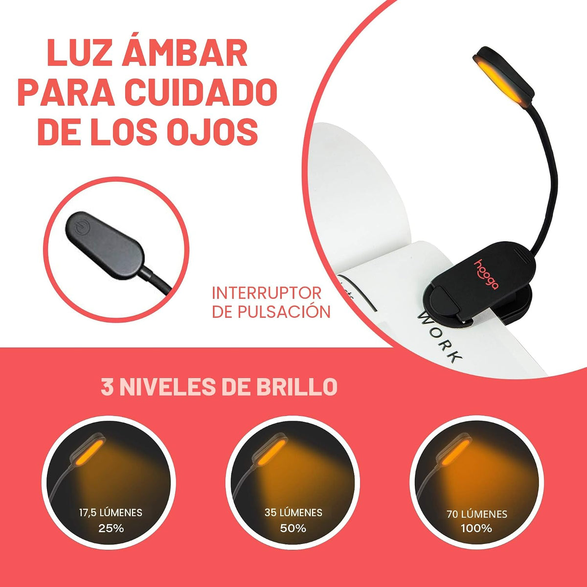 hooga Luz de libro ámbar, luz de lectura LED recargable con bloqueo...