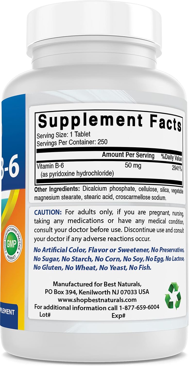 Best Naturals Vitamina B6 50 mg 250 tabletas (250 unidades (paquete...