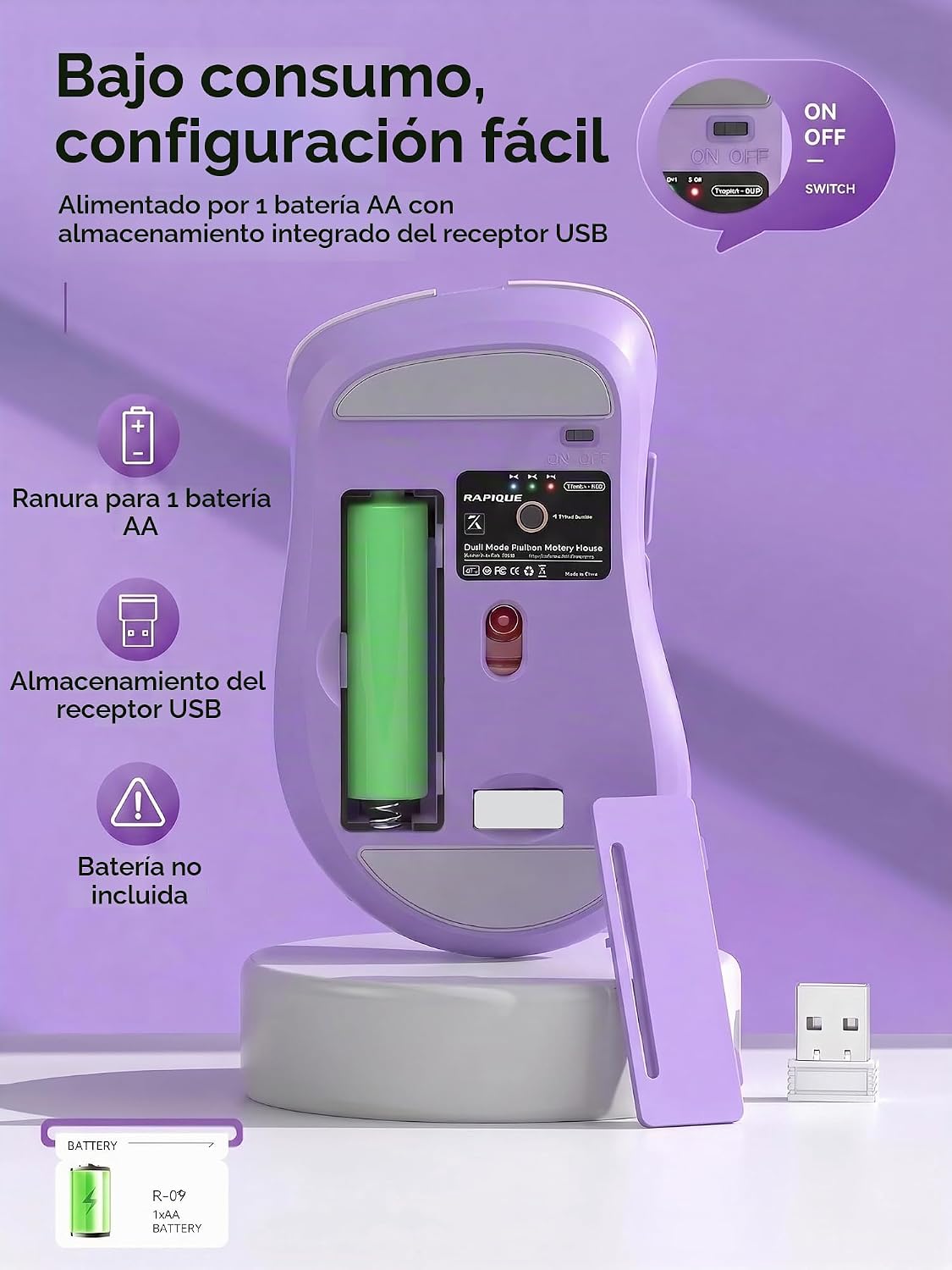 RAPIQUE Ratón inalámbrico Bluetooth, Bluetooth dual y 2.4 GHz, mora...