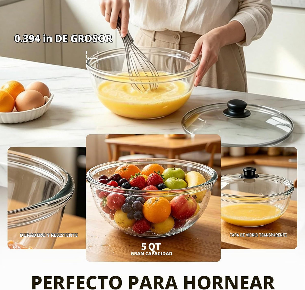 Tazón de mezcla de vidrio grande de 5QT con tapa, cuenco de vidrio...