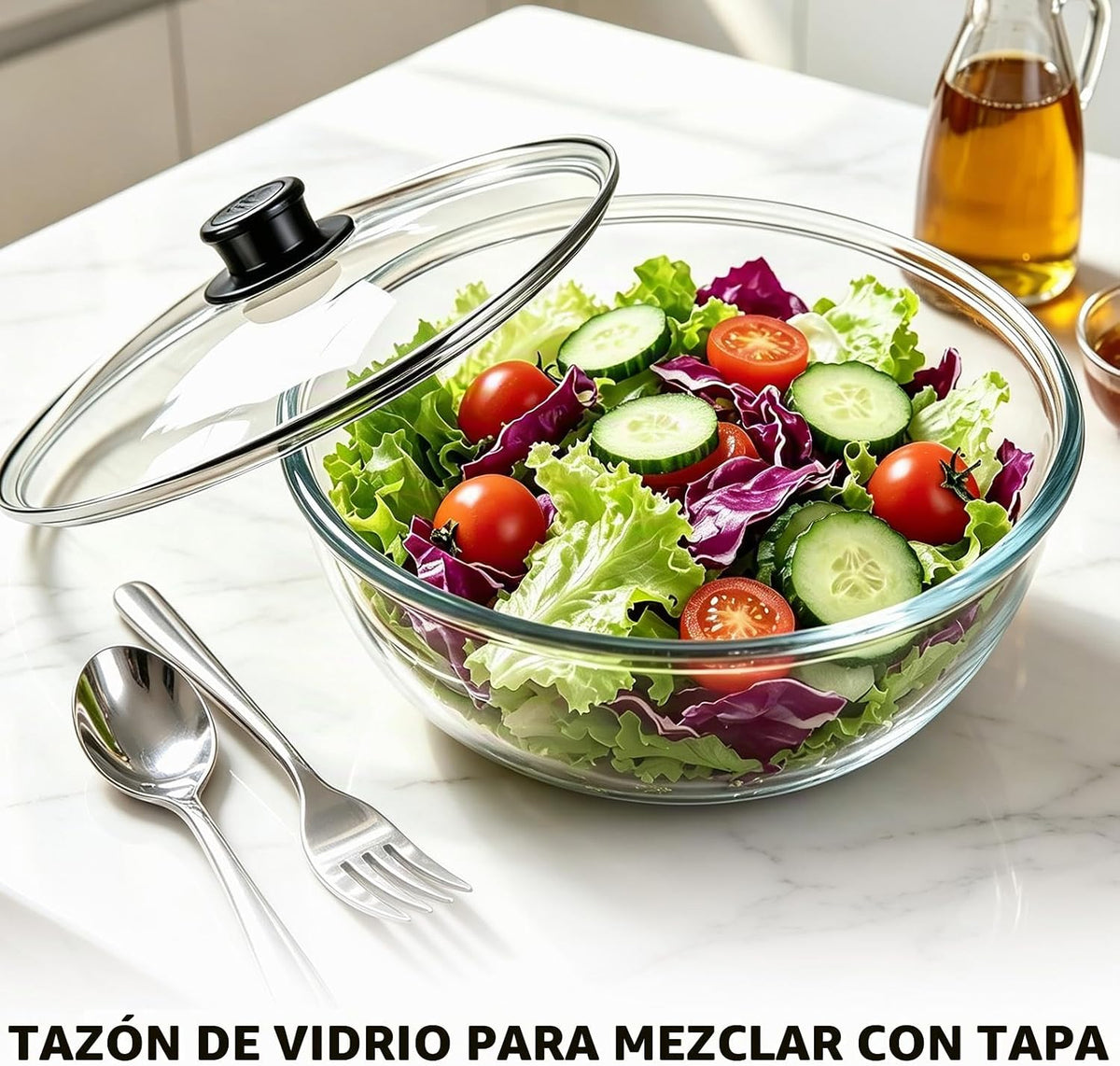 Tazón de mezcla de vidrio grande de 5QT con tapa, cuenco de vidrio...