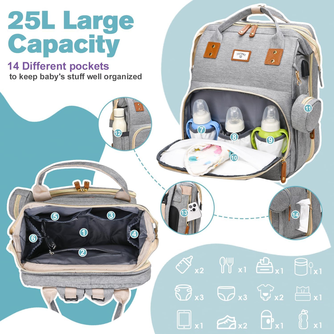 JSTPRO Mochila para pañales con cambiador, capacidad de 25 litros,...
