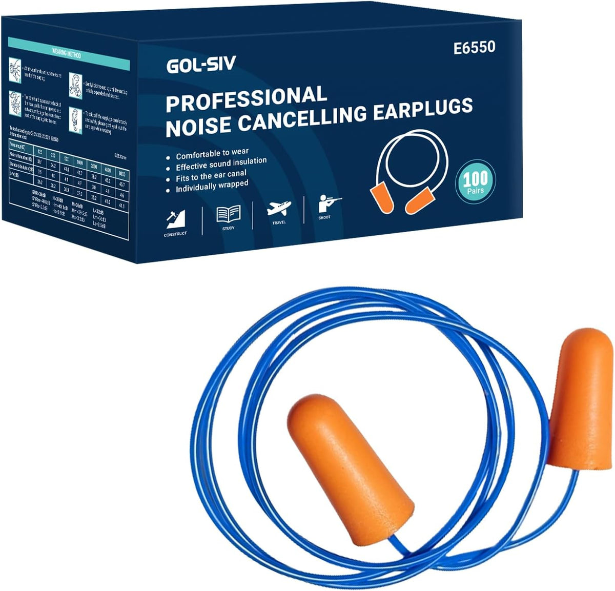 GOL-SIV NRR 33dB - Tapones para los oídos de espuma con cordón, emb...