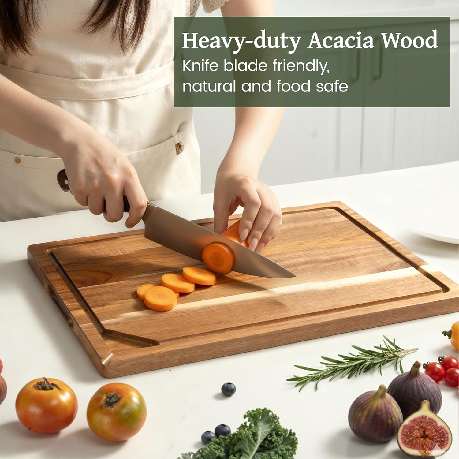 Kikcoin Tabla de cortar de madera de acacia para cocina, tabla de c...