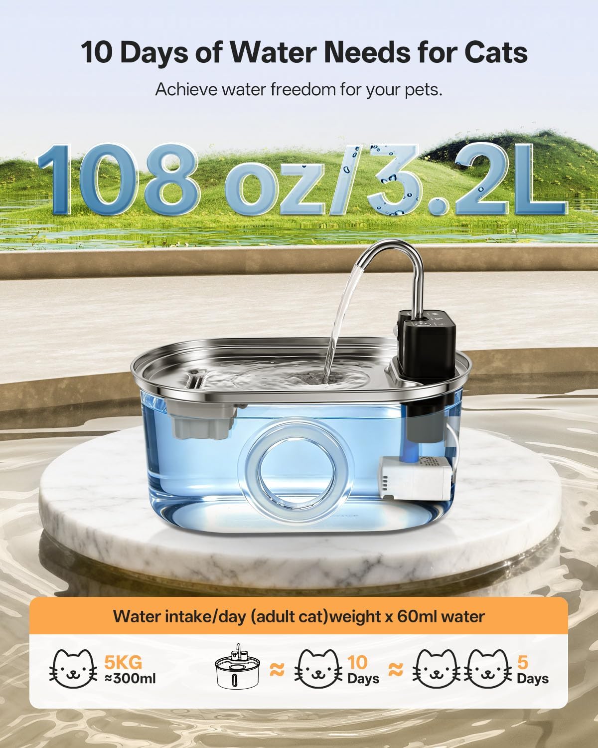 VinDox Fuente de agua inalámbrica de acero inoxidable para gatos, f...