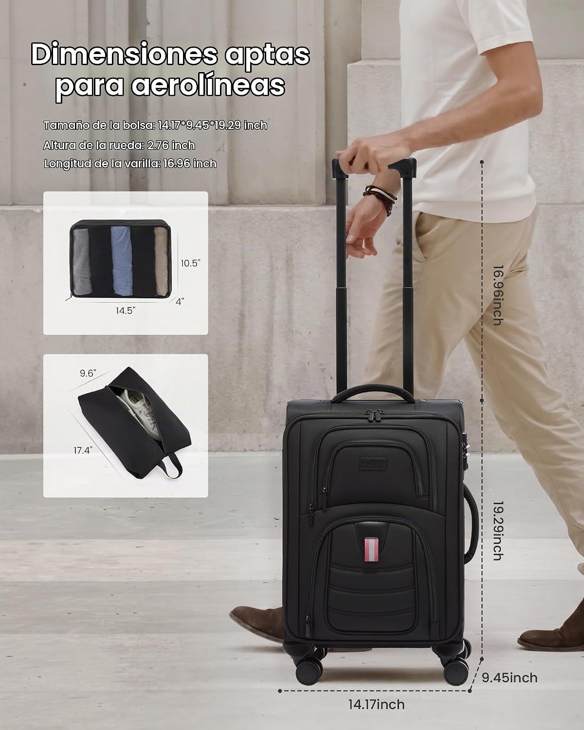 LOVEVOOK Equipaje de mano aprobado por aerolíneas, Negro, Equipaje...