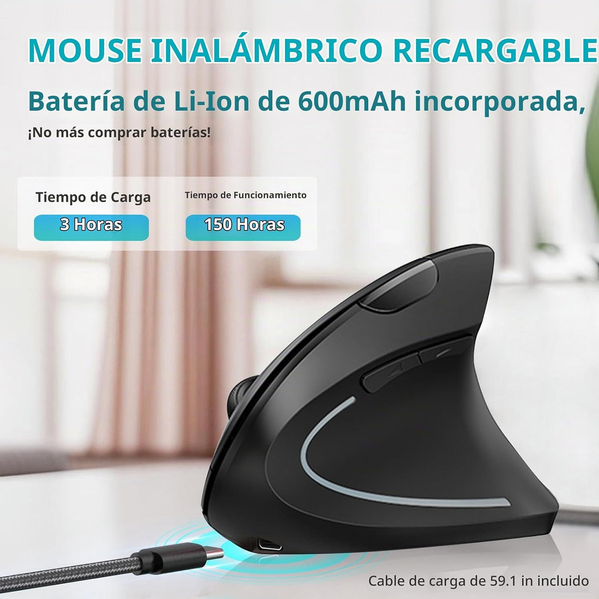 Lekvey Ratón ergonómico, USB C vertical inalámbrico, recargable, ne...