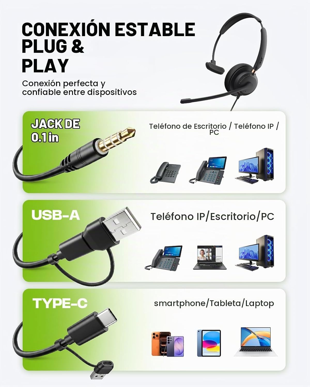 Acer Auriculares USB con micrófono, auriculares con cable para comp...