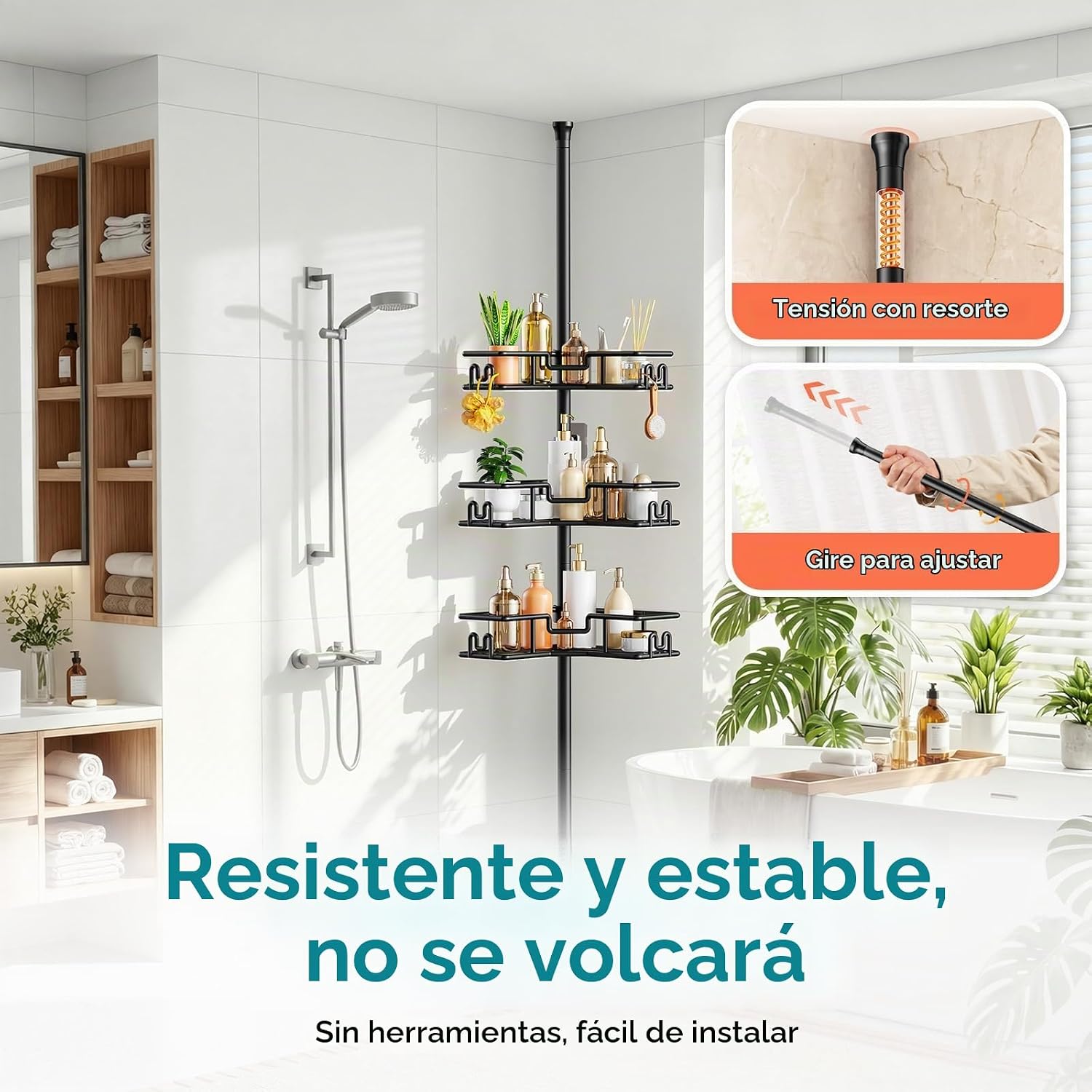 HAMITOR Poste de tensión para regadera: organizador de baño de esqu...