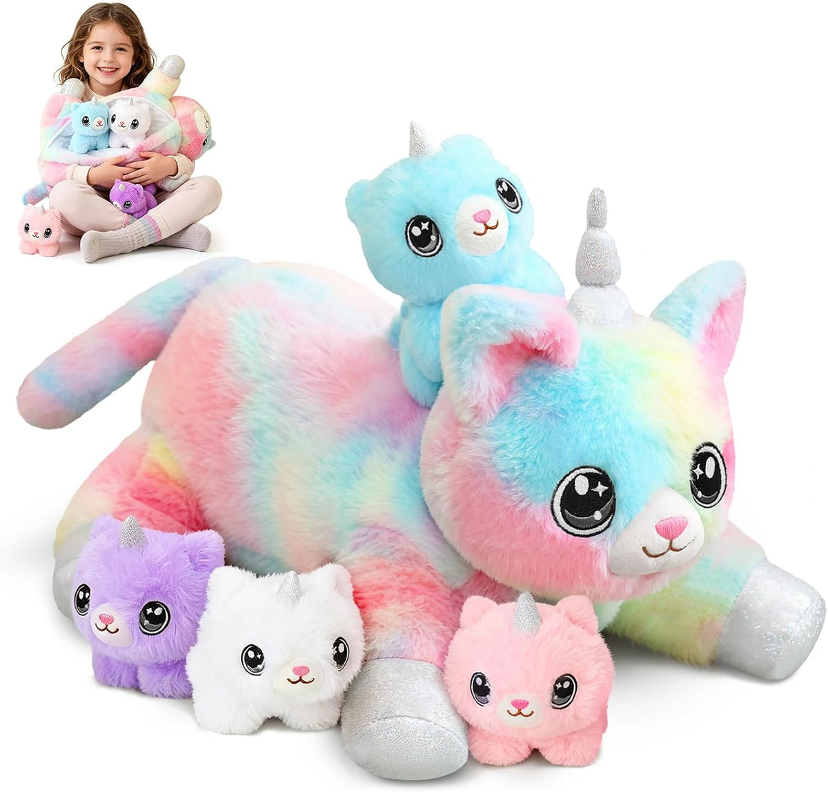 SQEQE Gato Unicornio de Peluche Mamá Gato Unicornio con 4 Lindos Ga...