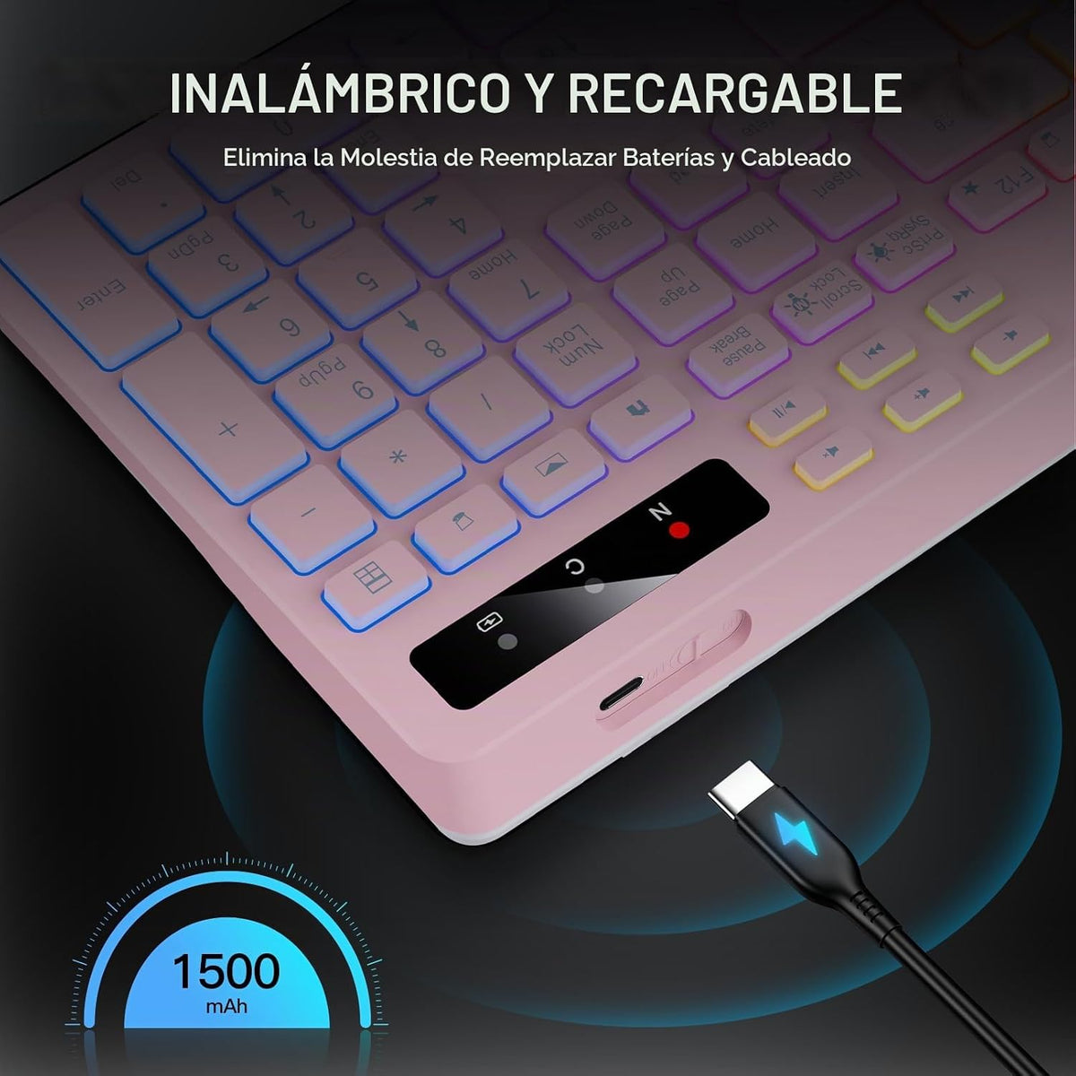 Soueto Teclado inalámbrico con retroiluminación RGB de 7 colores, t...