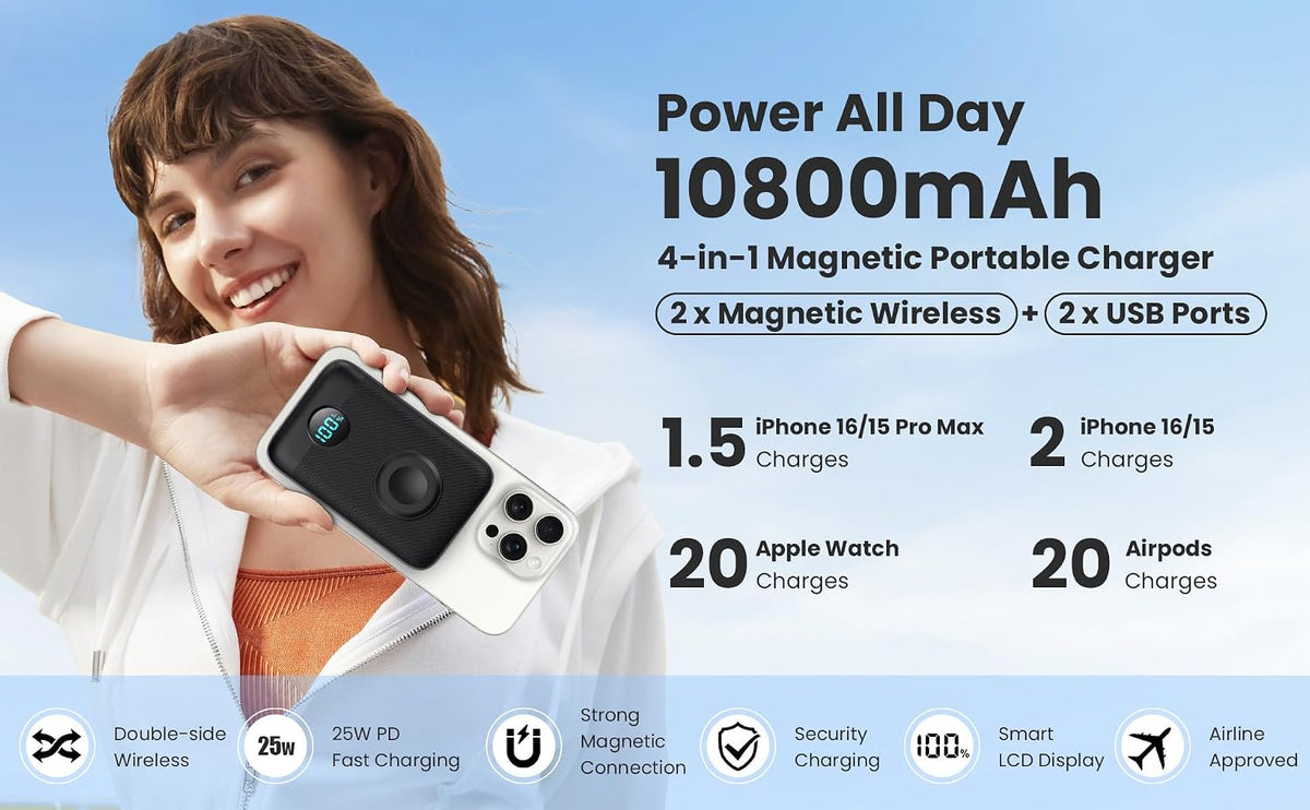 Cargador portátil magnético para iPhone y Apple Watch, 10800 mAh 25...