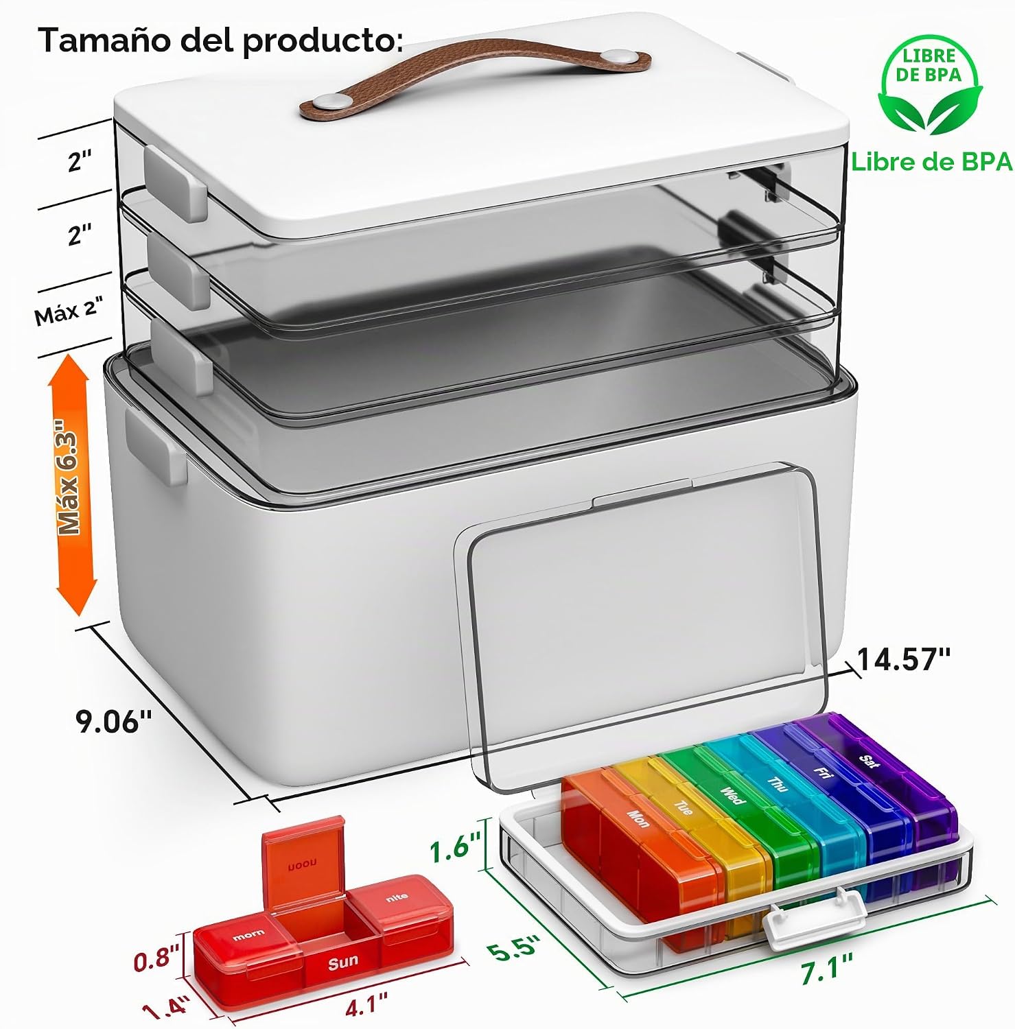 CTIME Organizador de medicamentos XL de 4 niveles con mango de cuer...