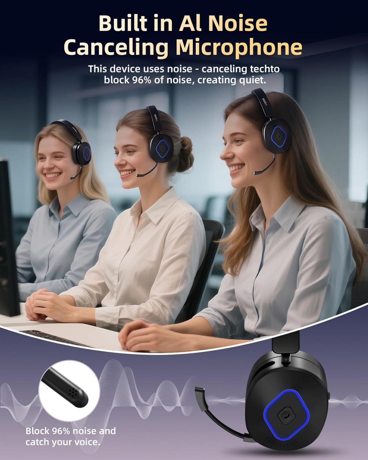 Wantek Auriculares inalámbricos con micrófono para el trabajo, auri...