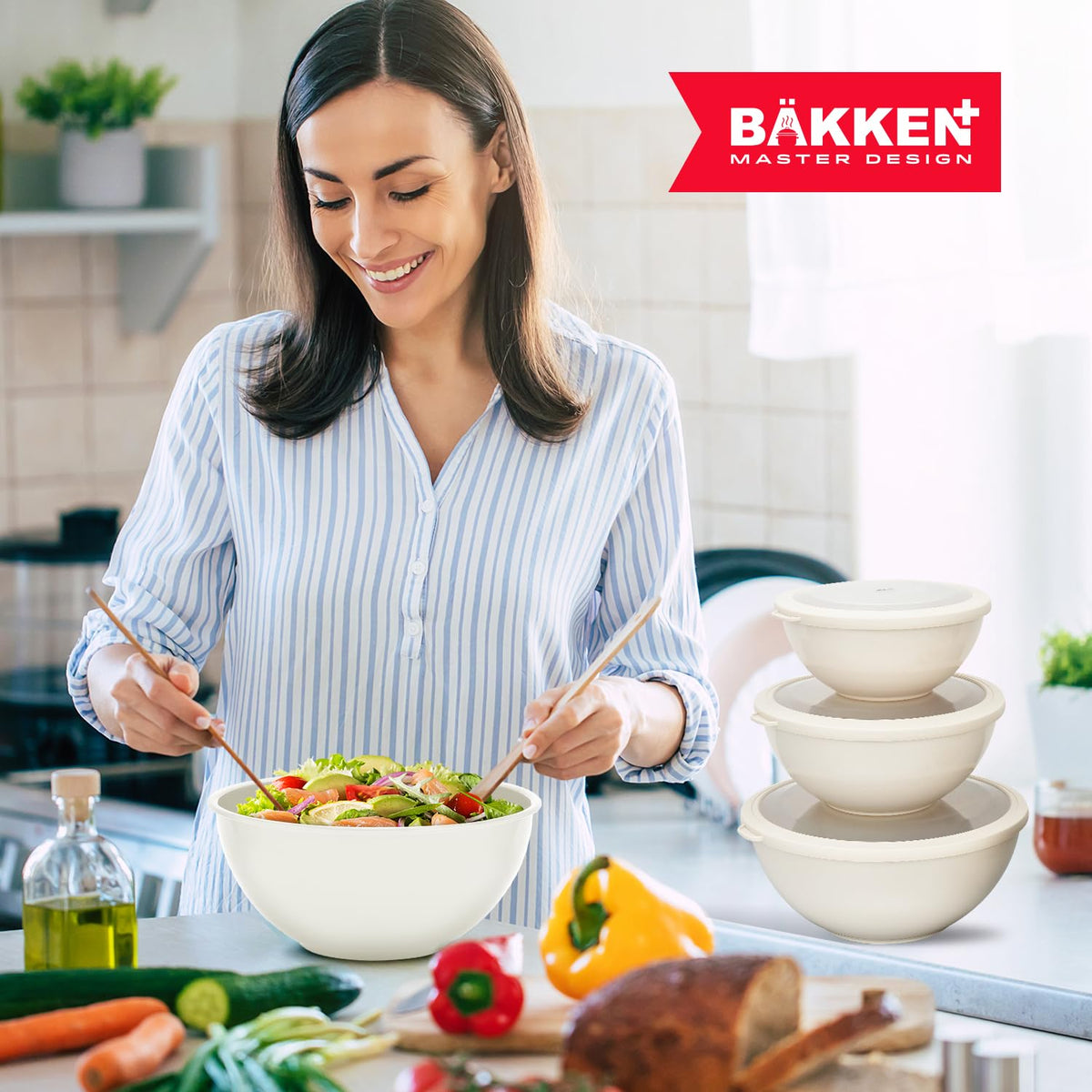 BAKKENMASTER Juego de 12 tazones de plástico anidables con tapas -...
