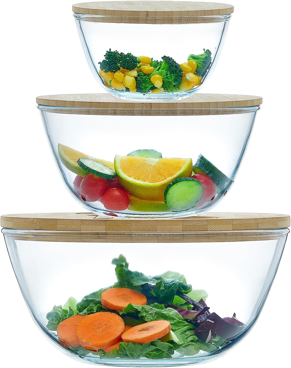 ECWAY Juego de 3 cuencos de vidrio para ensalada con tapas de bambú...