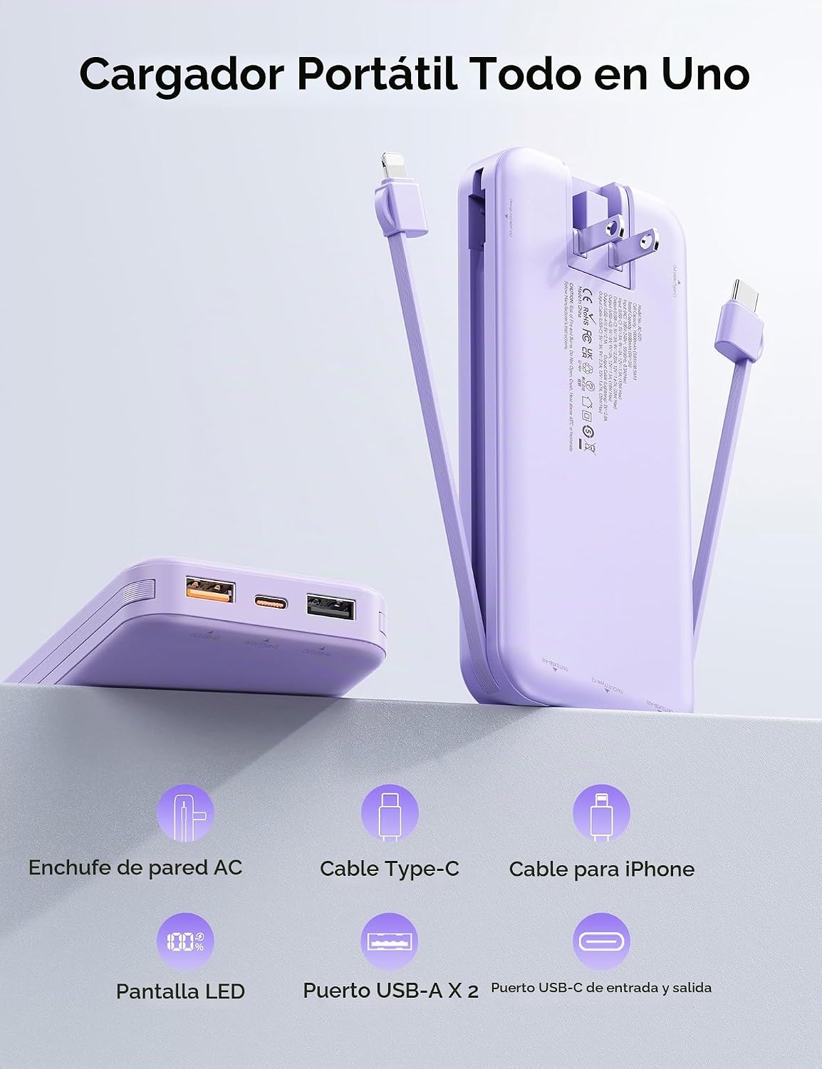 Cargador portátil Power Bank 10000mAh con cables integrados y enchu...