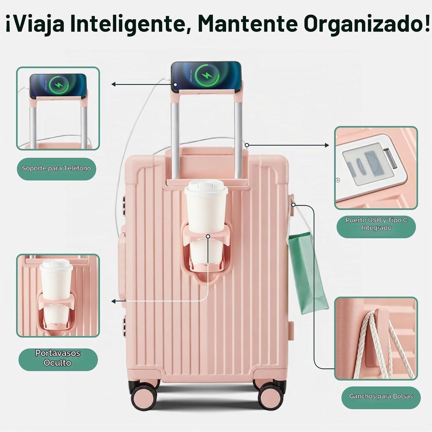 cllson Equipaje de mano con marco de aluminio con portavasos, malet...