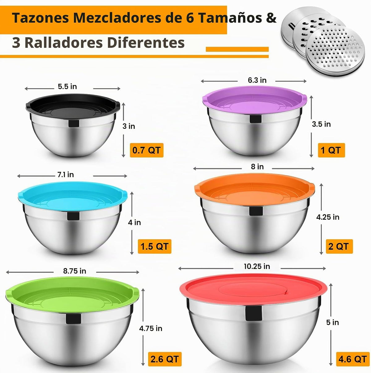 P&amp;P CHEF Juego de 6 tazones para mezclar con tapas, de acero in...