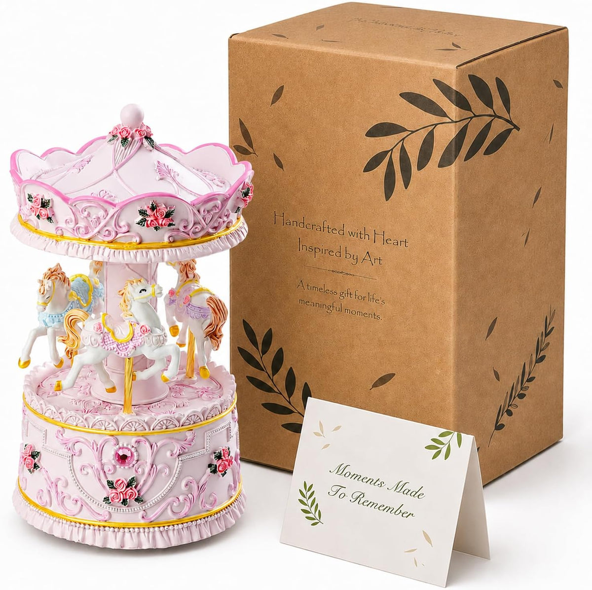 Mr.Winder - Caja de música de carrusel rosa con caballos giratorios...