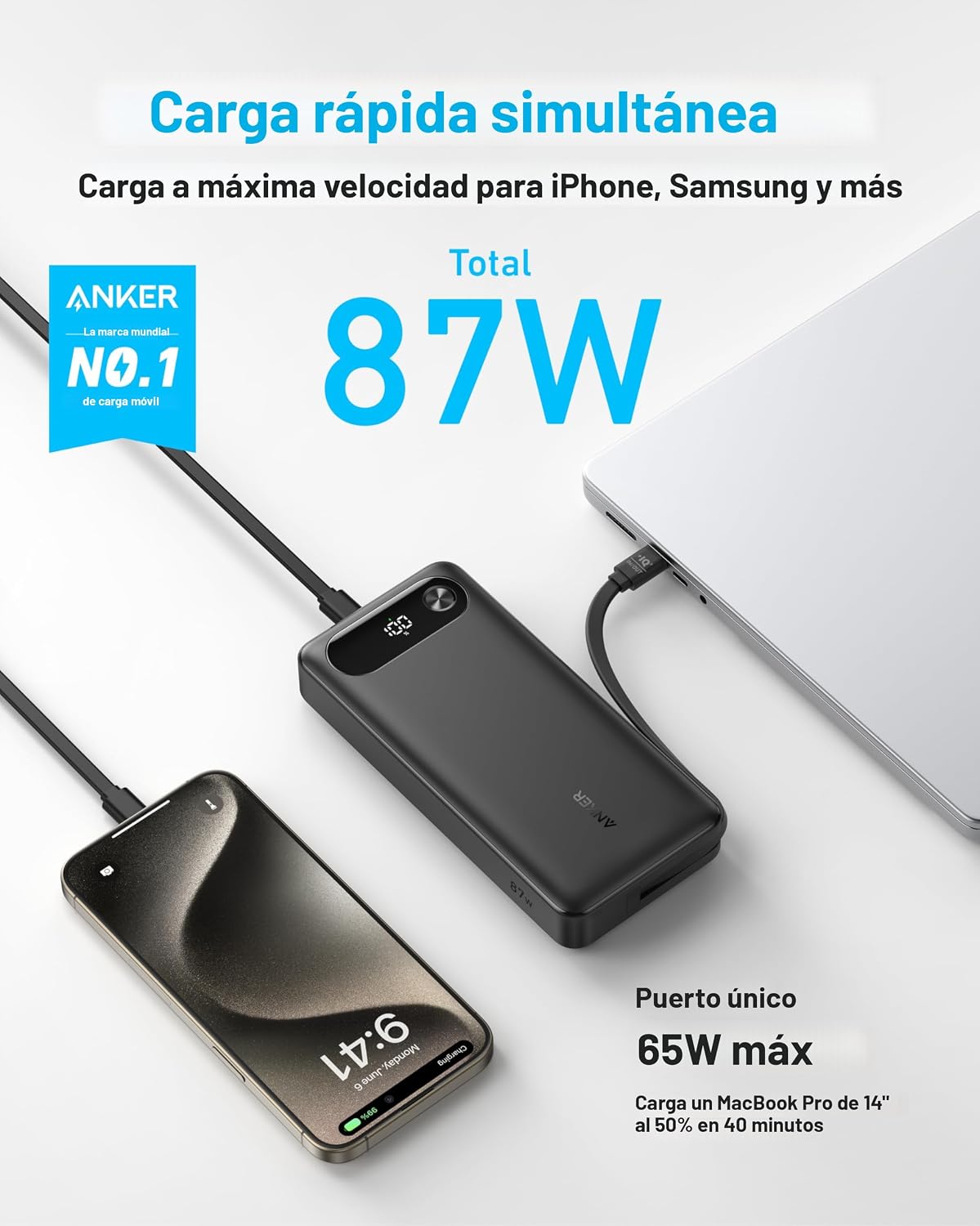 Anker Power Bank, 20.000 mAh Travel Essential, cable USB-C integrad...