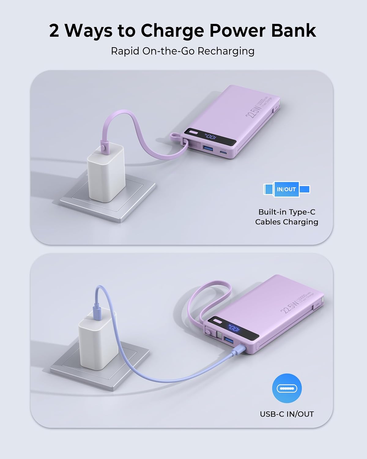 Cargador portátil 10000mAh incorporado 2 cables, 22.5W PD 40% más d...