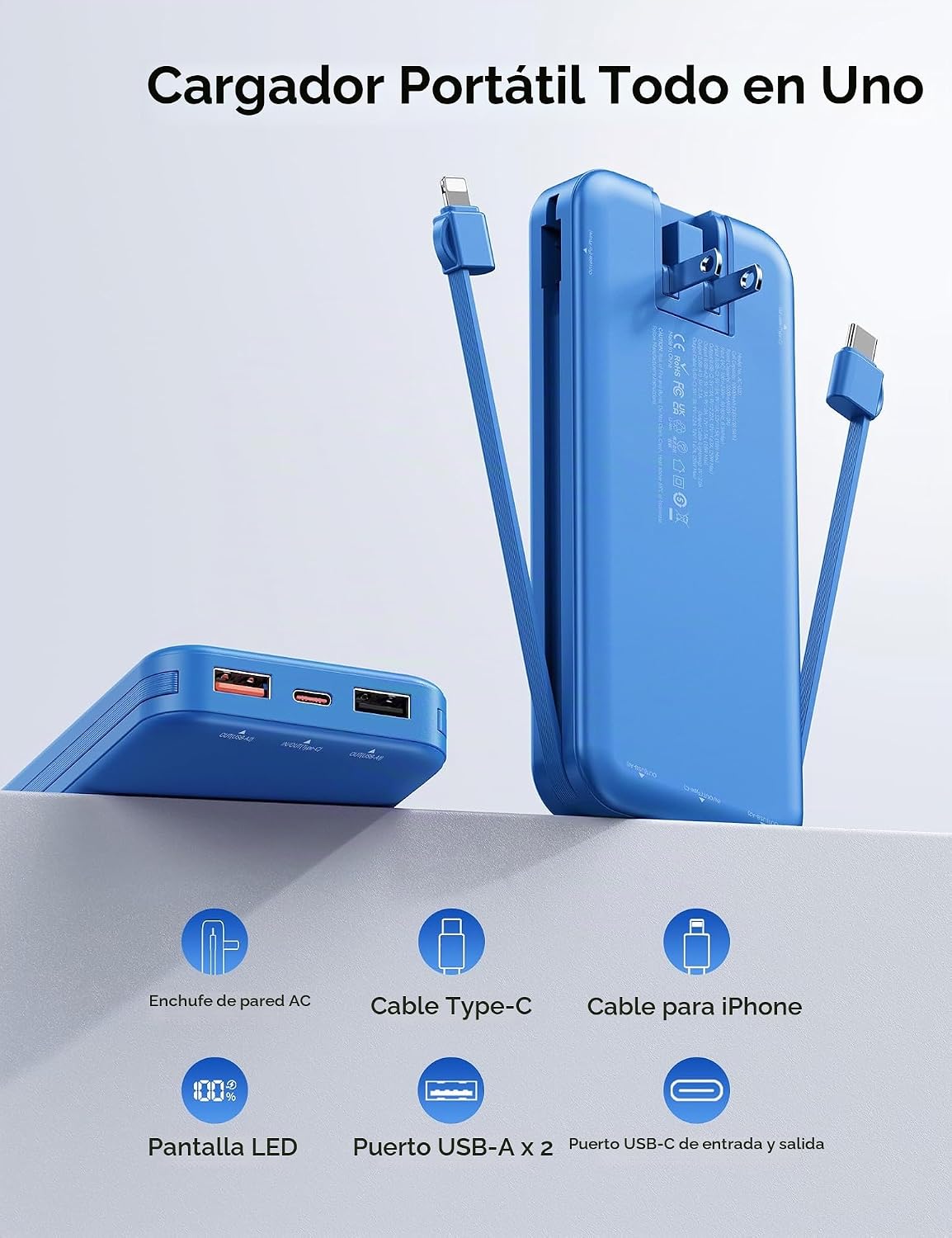 Cargador portátil Power Bank 10000mAh con cables integrados y enchu...