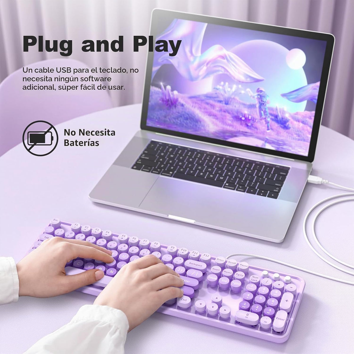 MOWUX Teclado de computadora con cable, teclado USB redondo retro P...