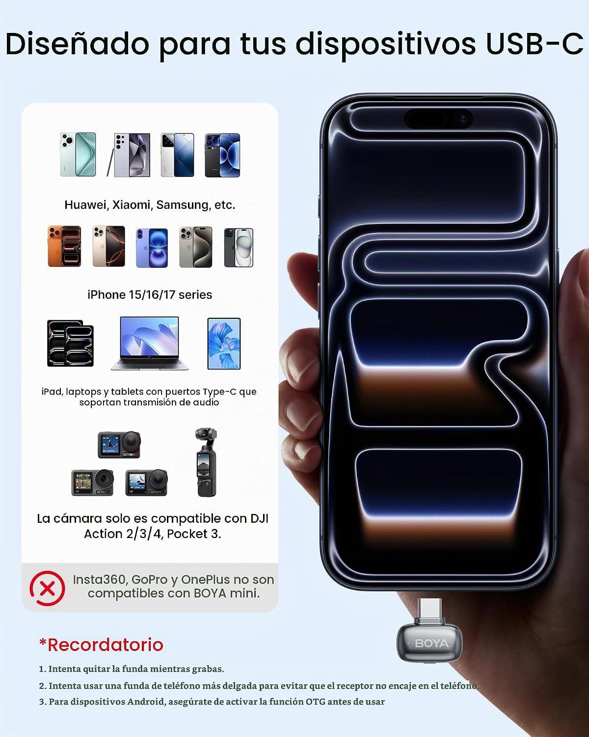 BOYA Mini 2 Micrófono Lavalier Inalámbrico para iPhone 15-17\/Andro...