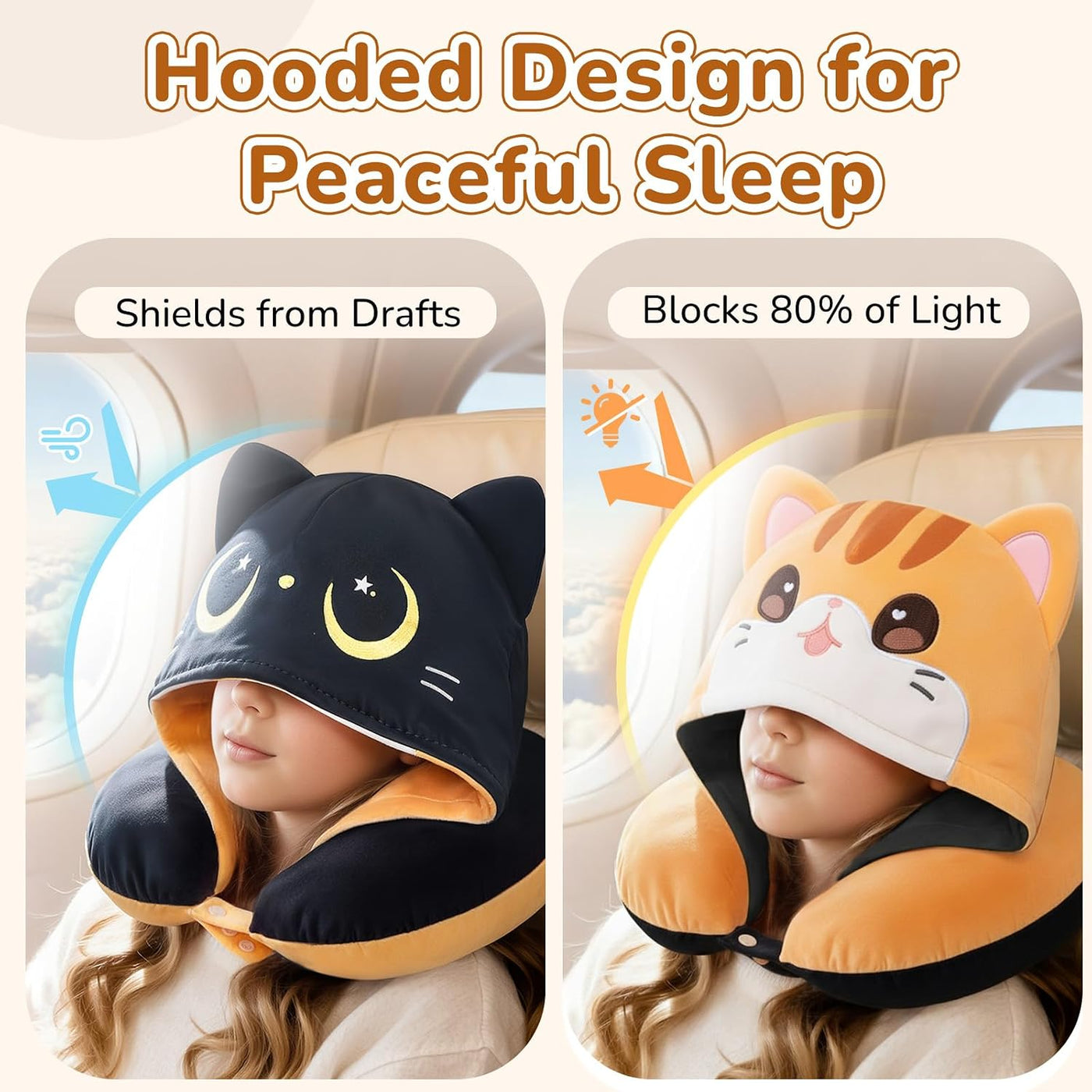 Mewaii Almohada de viaje para niños, almohada de avión con capucha...