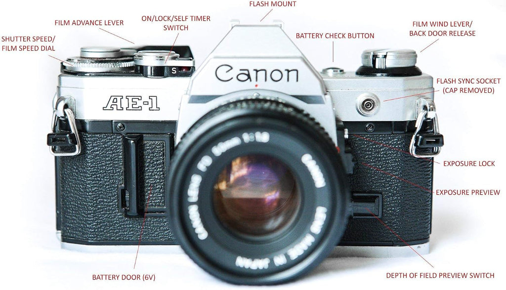 Canon Cámara de película AE-1 de 1.378 in con lente 1:1.8 de 1.969...