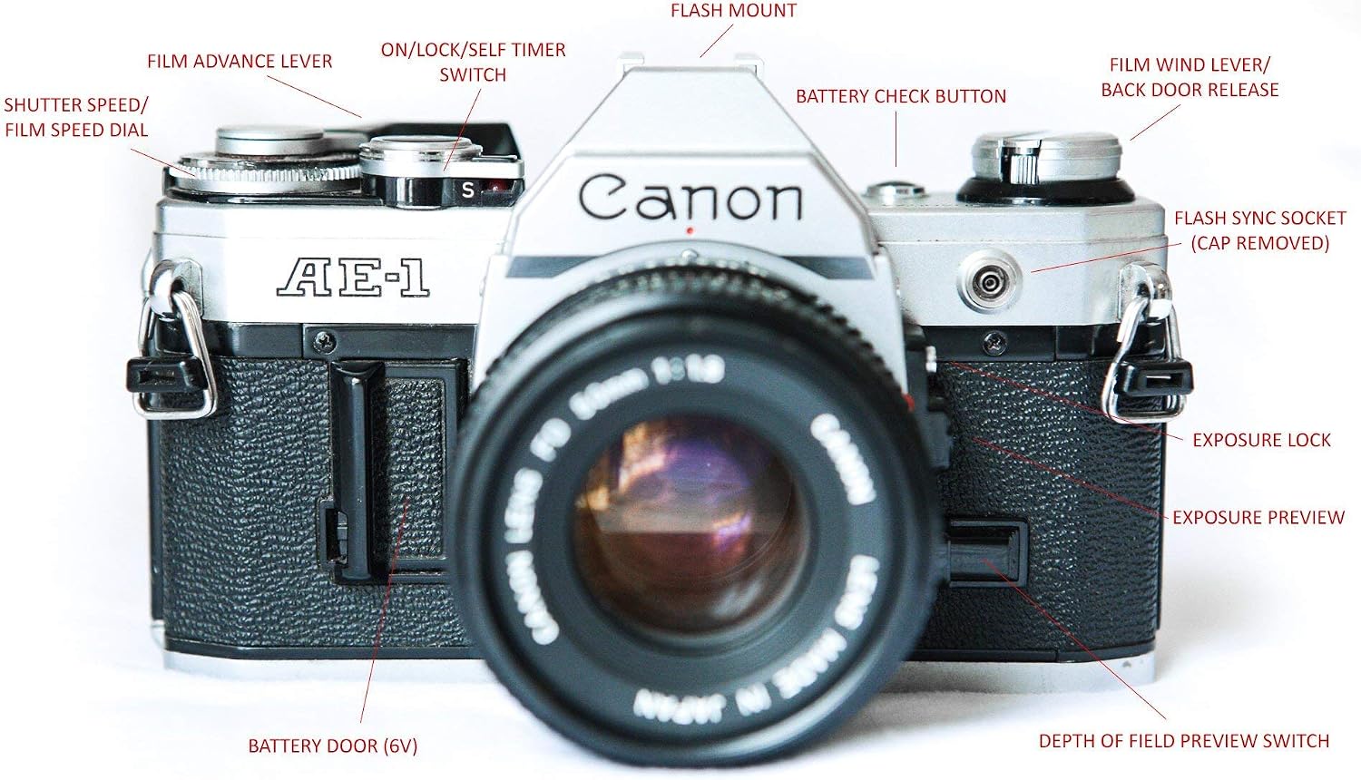 Canon Cámara de película AE-1 de 1.378 in con lente 1:1.8 de 1.969...