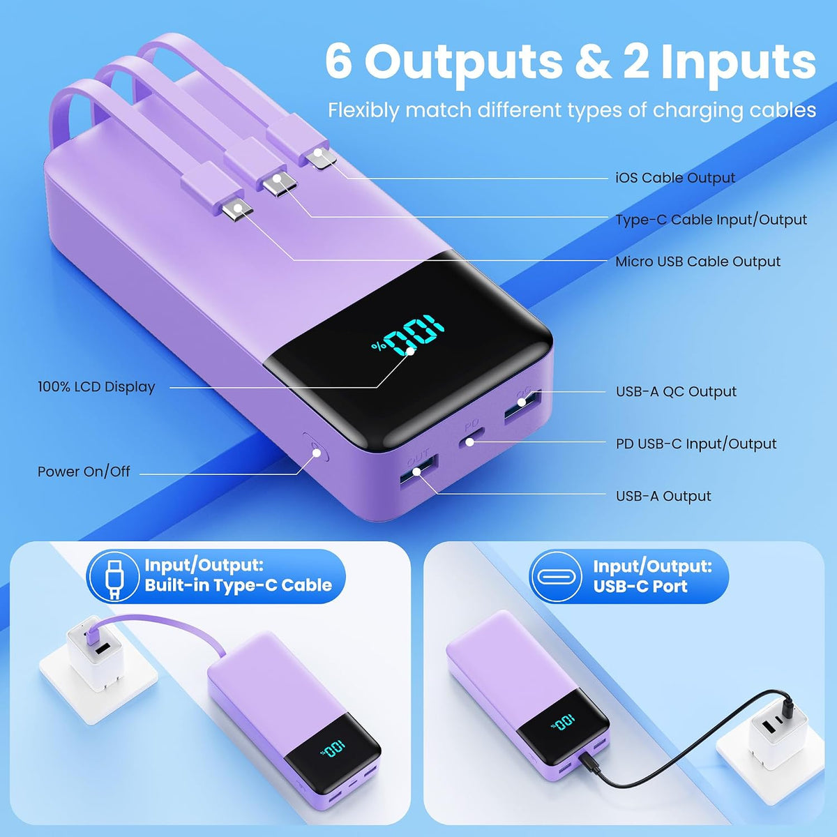 Cargador portátil de 50800 mAh con 3 cables integrados, 25 W PD QC4...