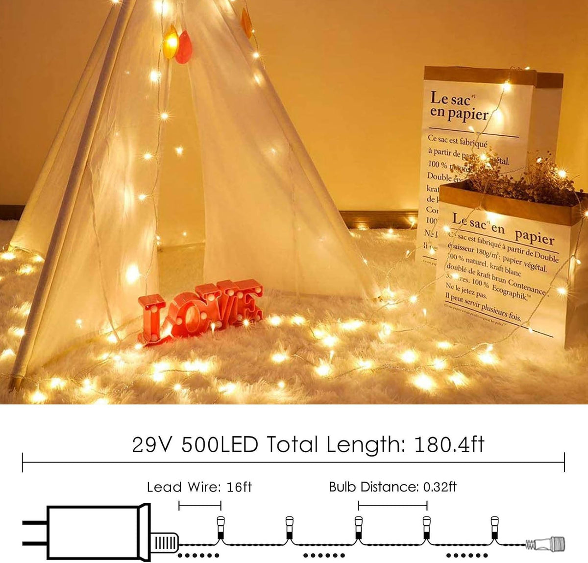 Cadena de 500 luces LED, luces de Navidad superlargas de 180 pies p...