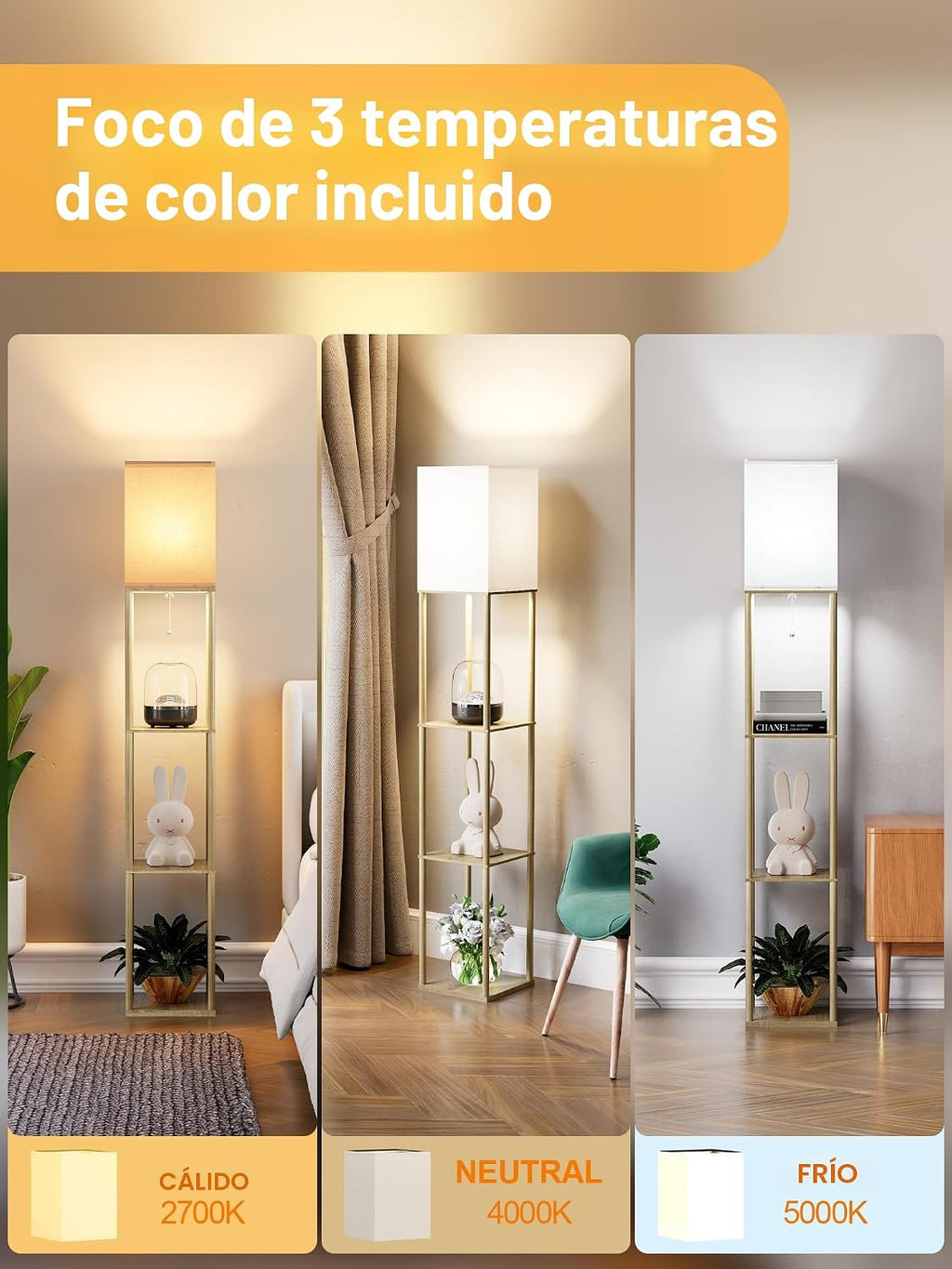 PARTPHONER Lámpara de pie con estantes para sala de estar, madera n...