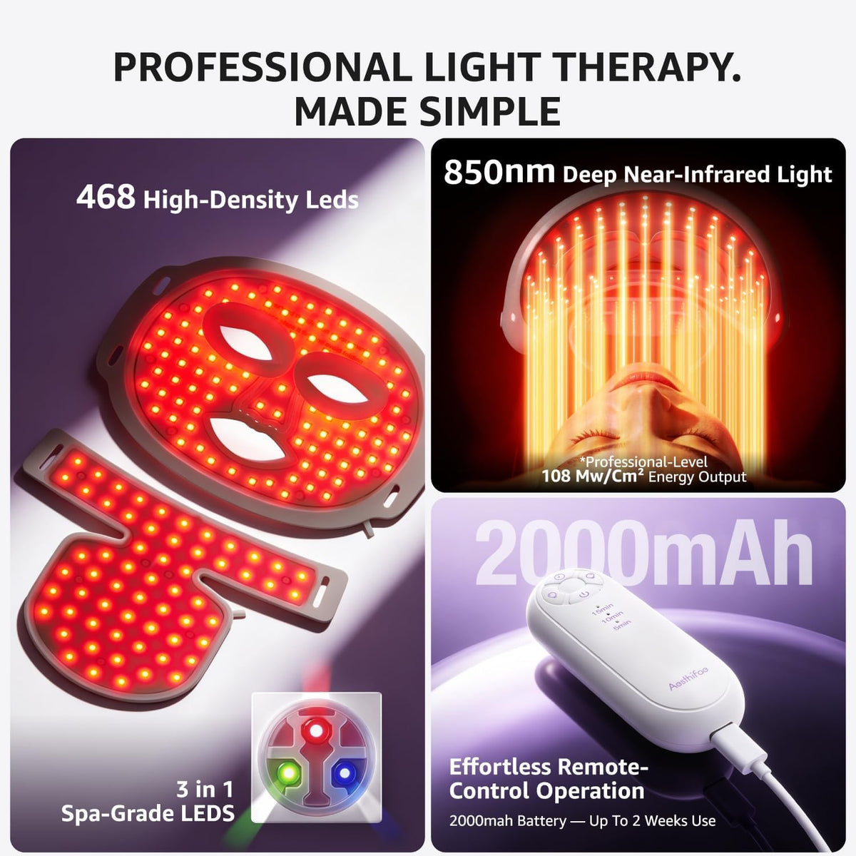 Máscara de terapia de luz roja para cara y cuello con 468 LED | 850...