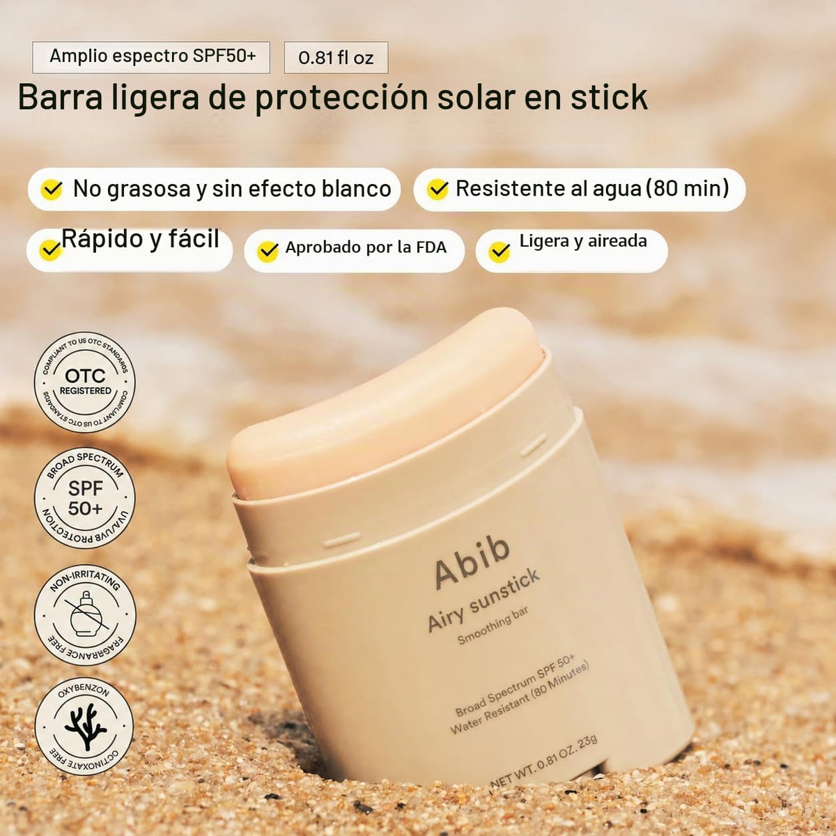 Abib Airy - Barra de protección solar SPF50+ de amplio espectro, ba...