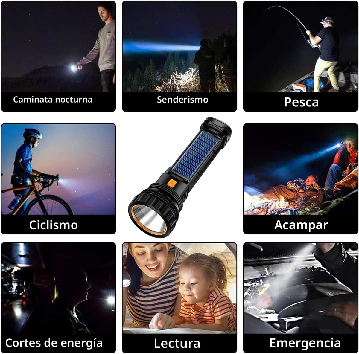 Linterna LED solar \/ recargable multifunción de 1000 lúmenes, con...