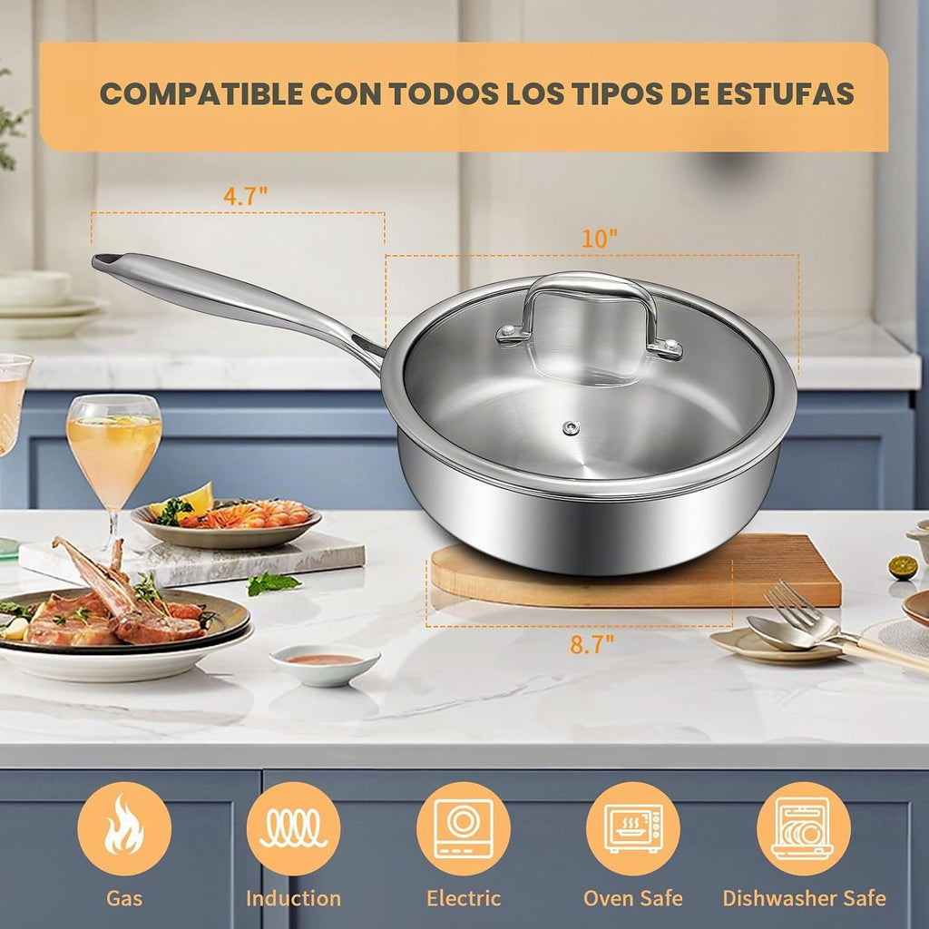EWFEN Sartén de Acero Inoxidable de Tres Capas 3QT, Sartén Profunda...