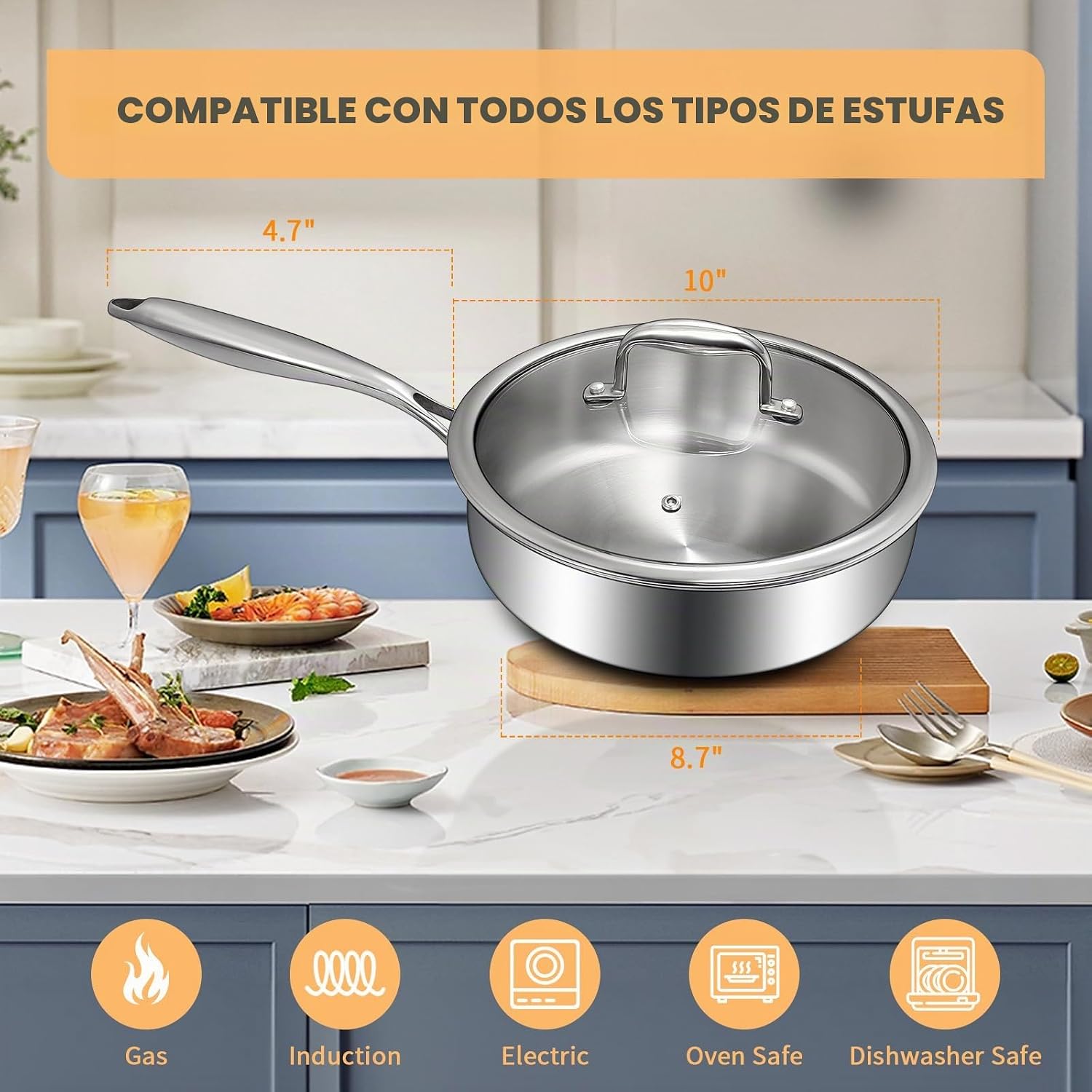 EWFEN Sartén de Acero Inoxidable de Tres Capas 3QT, Sartén Profunda...